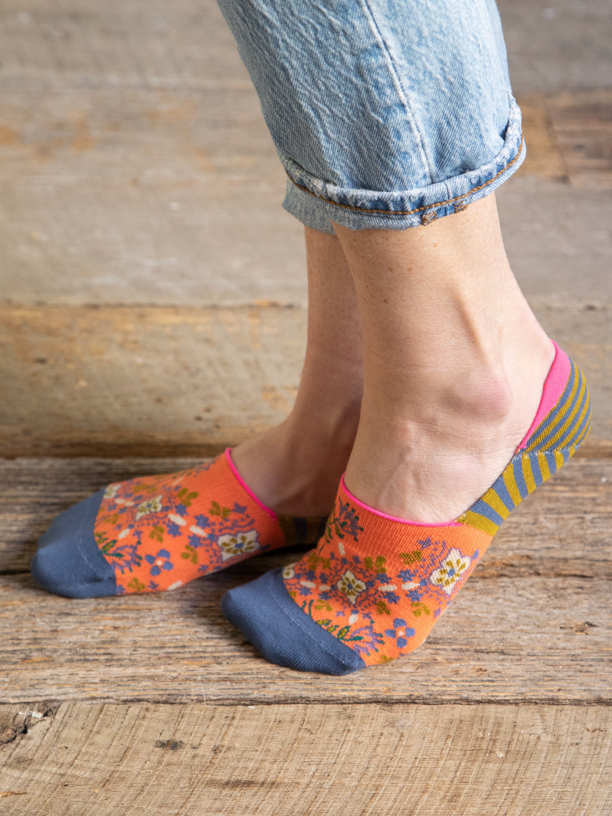 No Show Ankle Socks, Set of 2 - Dark Turquoise Floral